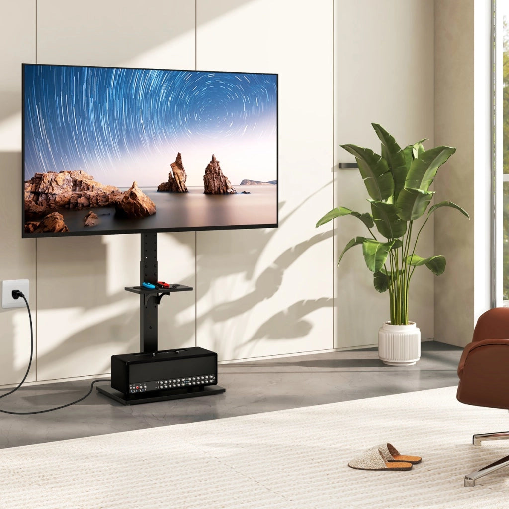 Supporto TV da pavimento con presa di corrente in altezza e inclinazione, Supporto TV universale per TV con ripiano av regolabile Nero