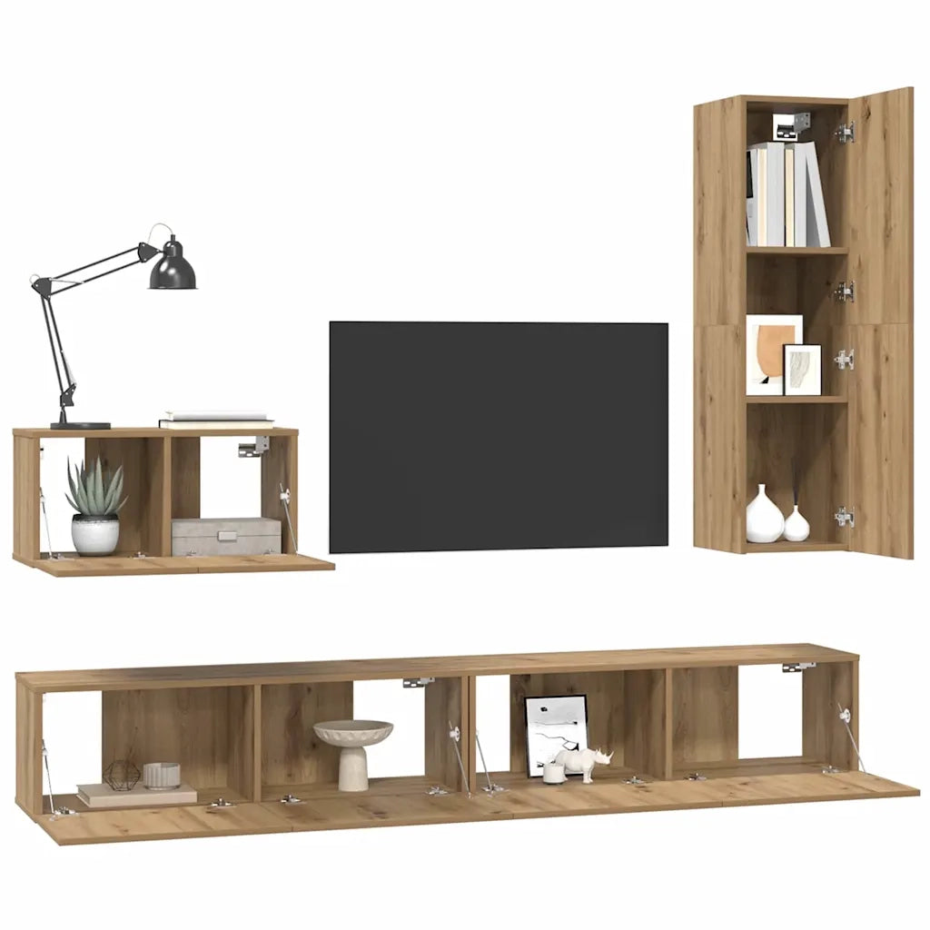 Mobile TV da Parete 4 pz-Credenza per TV sospesa Rovere artigianale Legno multistrato 821973