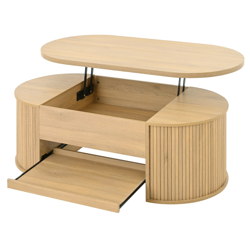 OKWISH Set 2 Mobili da Soggiorno con Tavolino Alzabile e Mobile TV, Vani Contenitivi e Passacavi, MDF Naturale