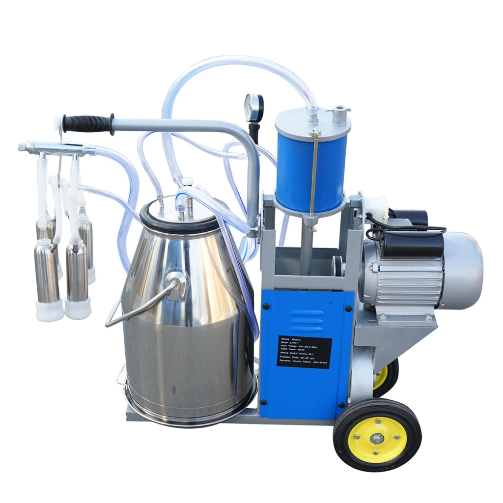 Dispositivo per mungitura di mucche, 1 postazione, 550W, 220V, bidone in acciaio inox da 25L, gruppo di mungitura con 4 manicotti, pressione del vuoto 45-50 kPa, pulsazioni 60-80 cpm