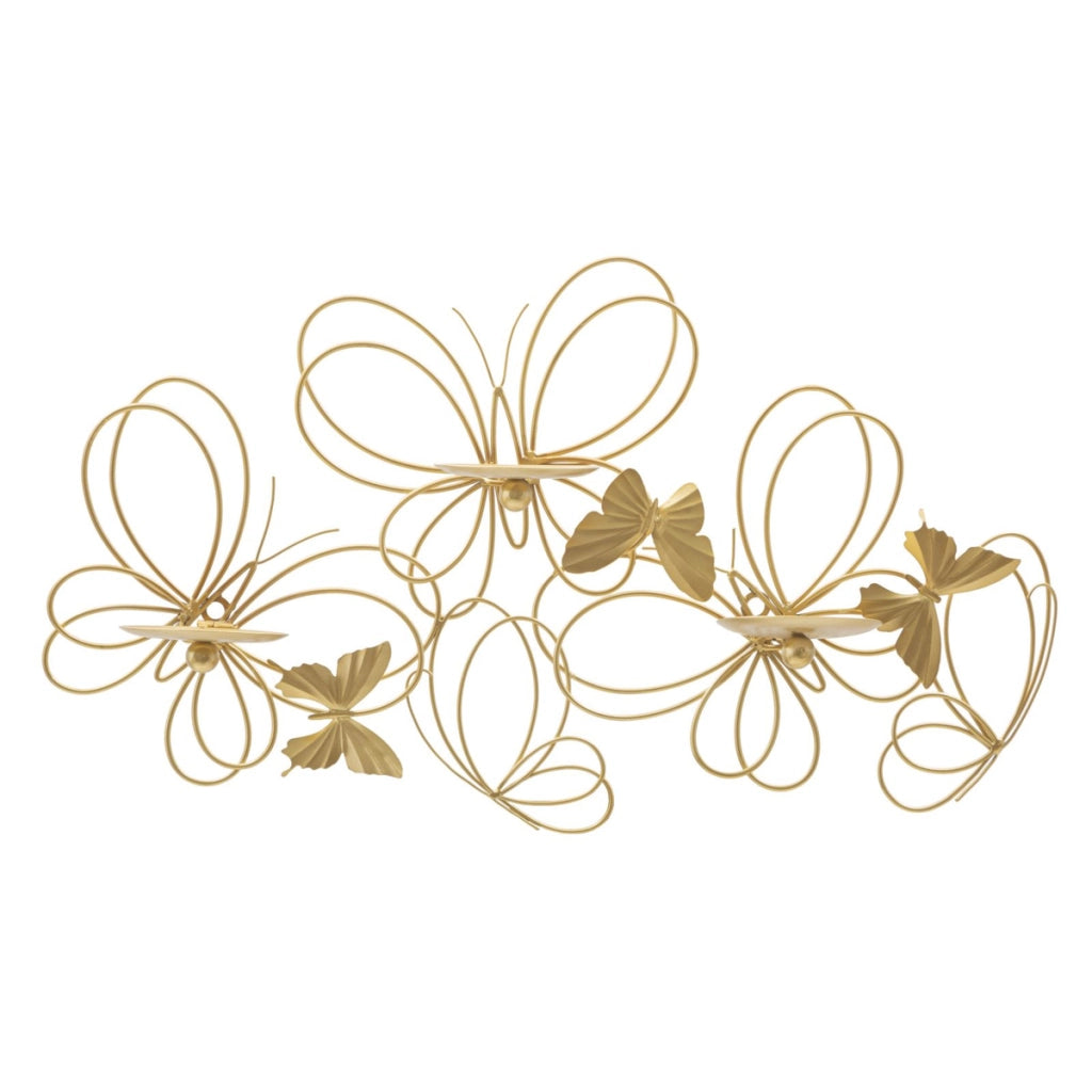 Portacandele da muro Farfalle in ferro dorato CM 61x12x34