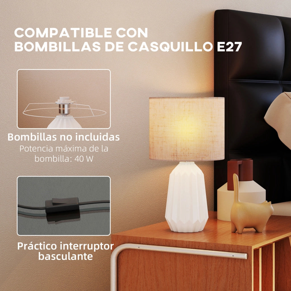 Lampada da Tavolo Retro in Ceramica e Lino ¨C zephmum ¨C 40W Bianco e Beige