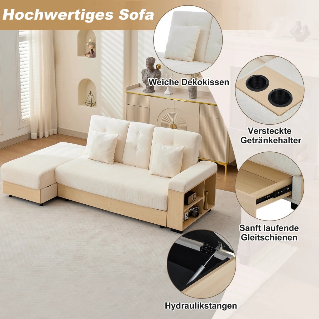 DIVANO Letto con contenitore 217x110x90 cm in chenille beige
