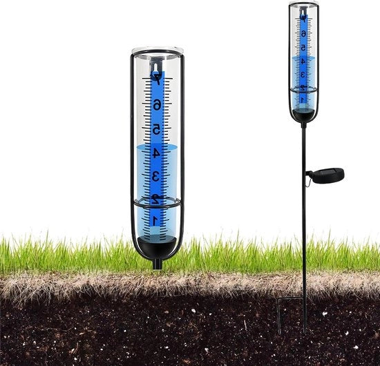 Registrazione di pioggia esterna con illuminazione - misuratore di acqua di pioggia in vetro alimentato da energia solare per giardino
