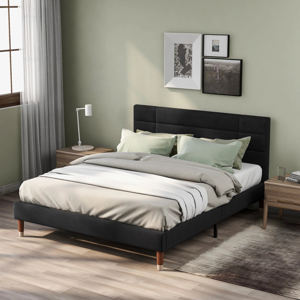 Letto imbottito matrimoniale - Zephmum - 140x200cm - Nero lino - Con rete e testiera