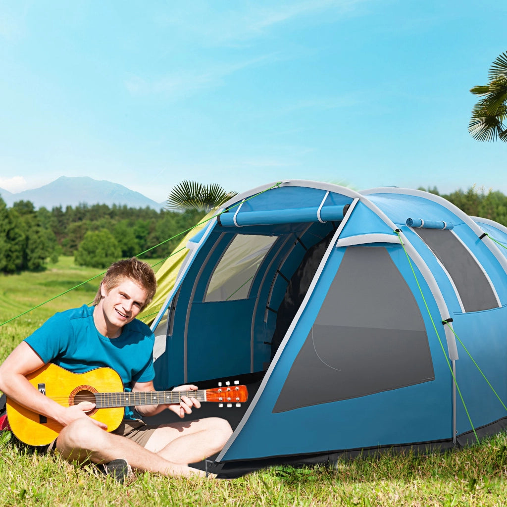 Tenda a tunnel, tenda da campeggio per 4 persone con 2 stanze, protezione UV, finestre, borsa per il trasporto, colonna d'acqua 2000 mm, blu