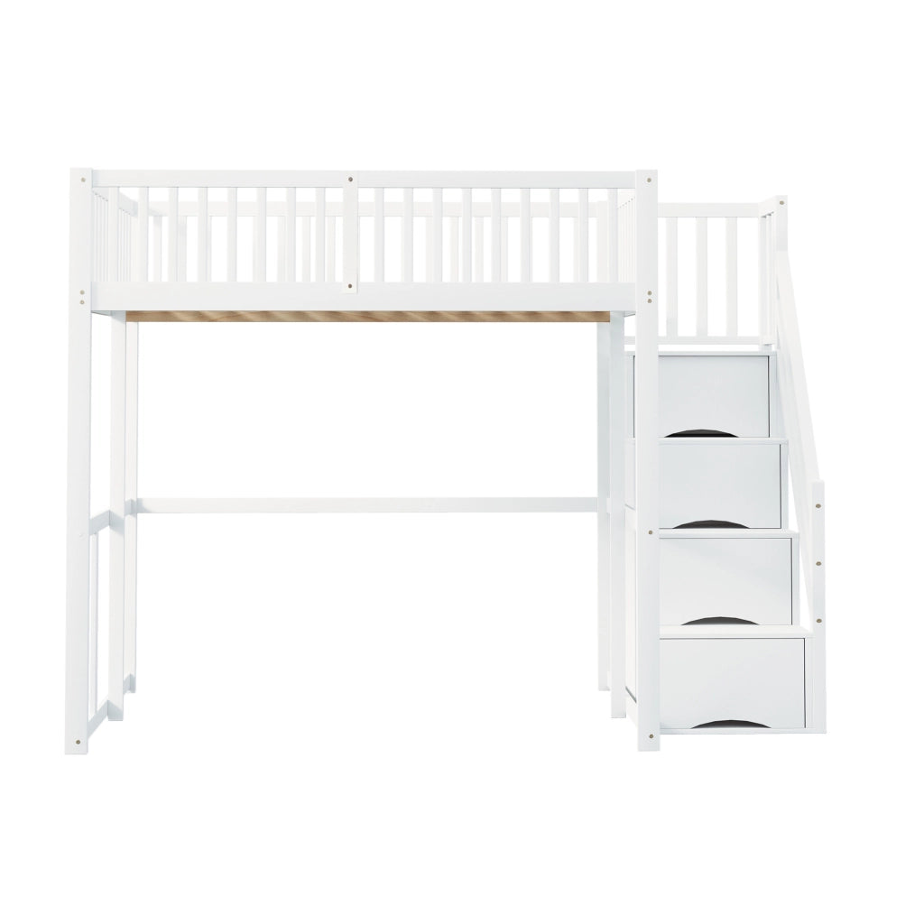 Letto a soppalco 140x200 cm con scala contenitore e struttura in legno
