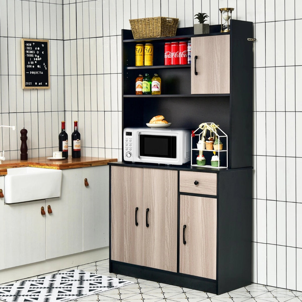 Armadio da cucina alto 180cm con stazione di ricarica integrata, Buffet con vetrina piano per microonde cassetto Nero