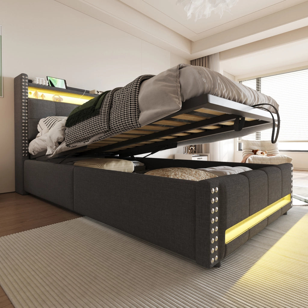 LETTO imbottito con LED, USB e contenitore 90x200 cm grigio