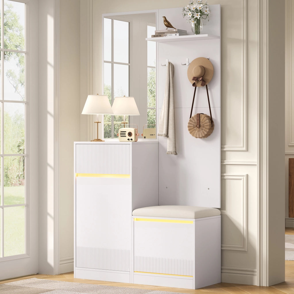 GARDEROBA da ingresso con scarpiera, specchio, LED, 105 x 38 x 190 cm, bianca
