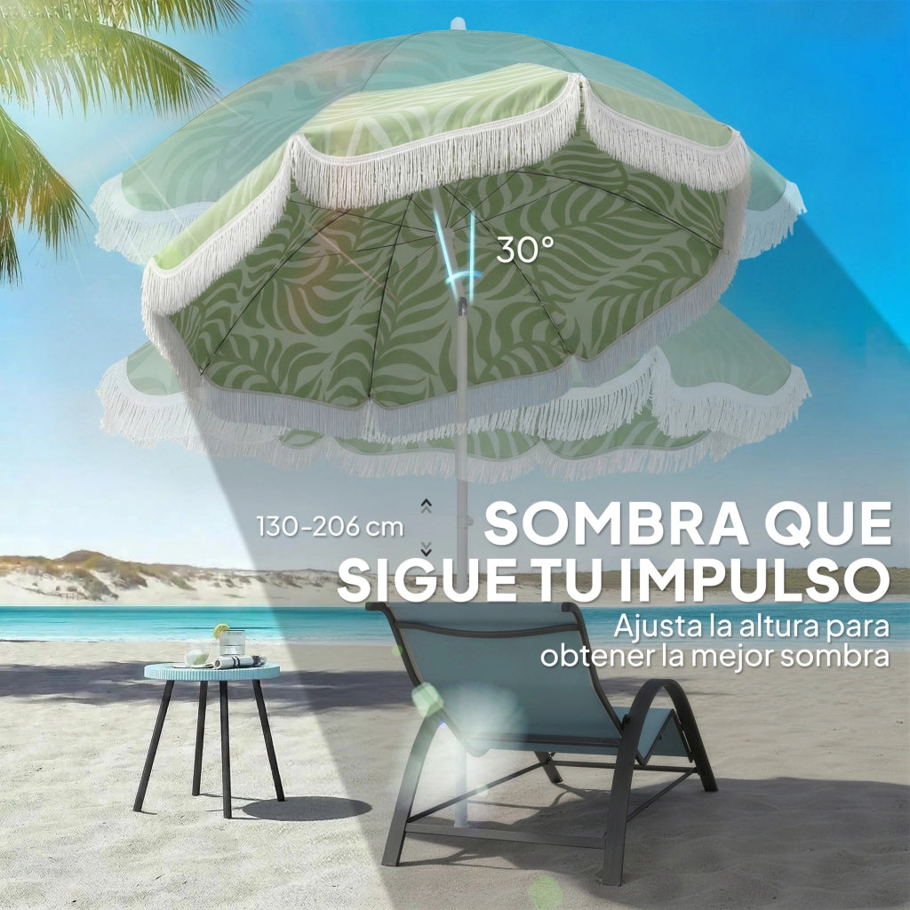 Ombrellone da Spiaggia con Frange ¨C Xylo ¨C Verde ?180cm UPF30+ Regolabile Inclinabile con Borsa