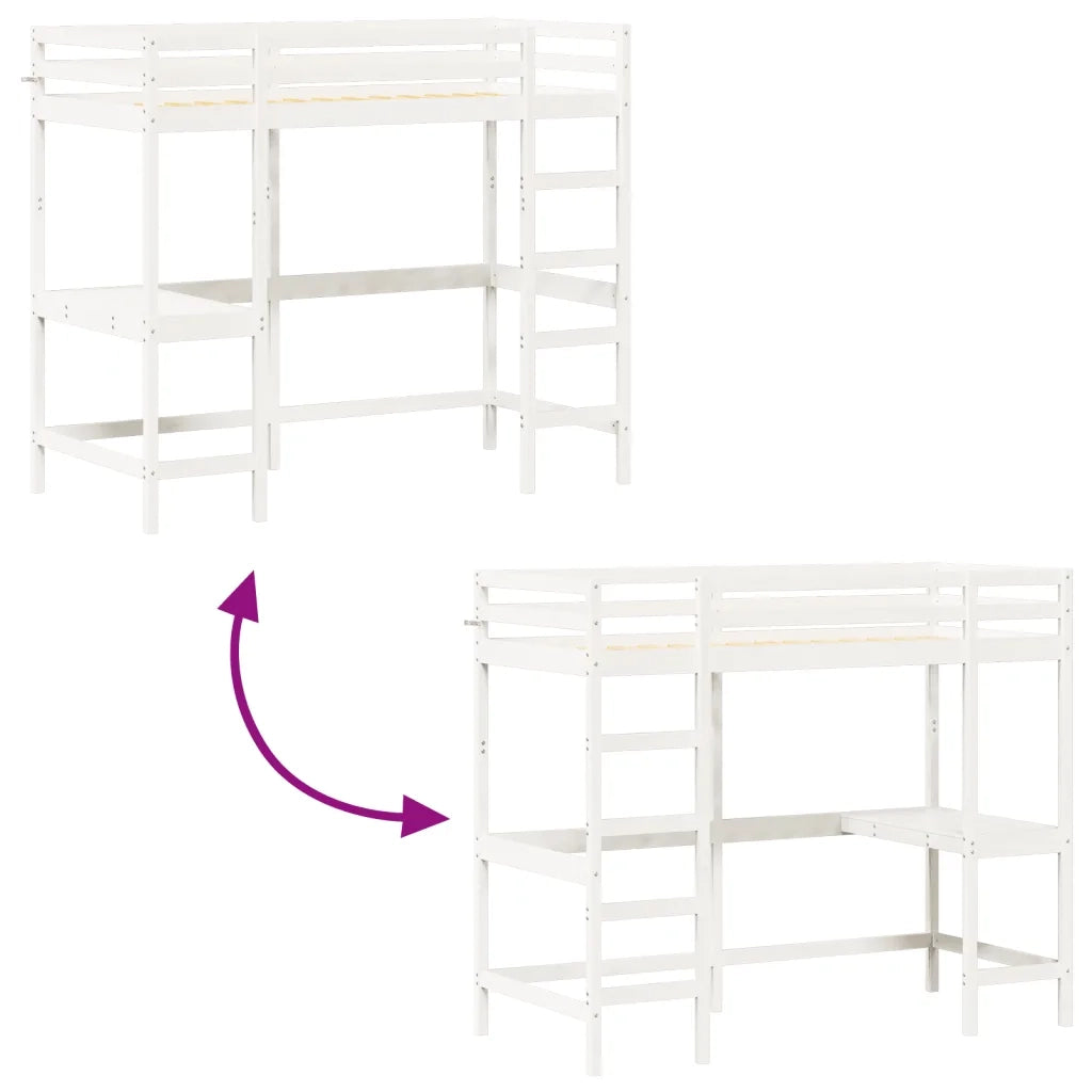 Letto singolo | Letto per adulti | Letto Soppalco con Scrivania Bianco 90x200 cm Massello Pino
