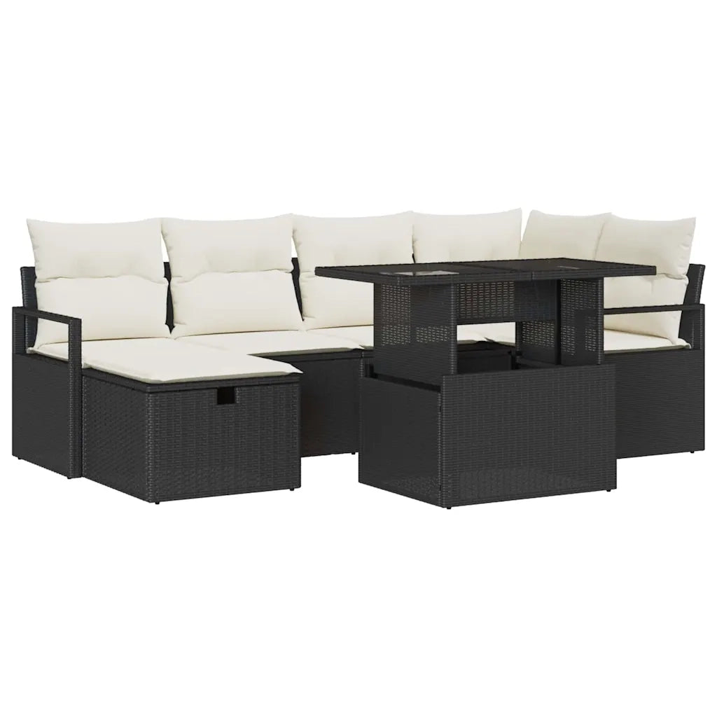 Set Divano da Giardino con cuscino 7 pcs Nero Poly Rattan