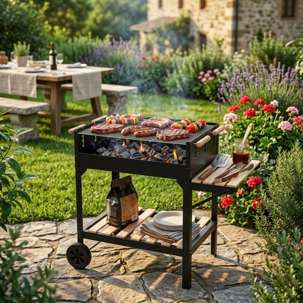 Barbecue Da Esterno Con Griglia Regolabile Ripiano Porta Accessori Laterale E Inferiore Acciaio Robusto Con Ruote Per Terrazza E Outdoor Cooking 122 x 53 x 100 Cm Nero