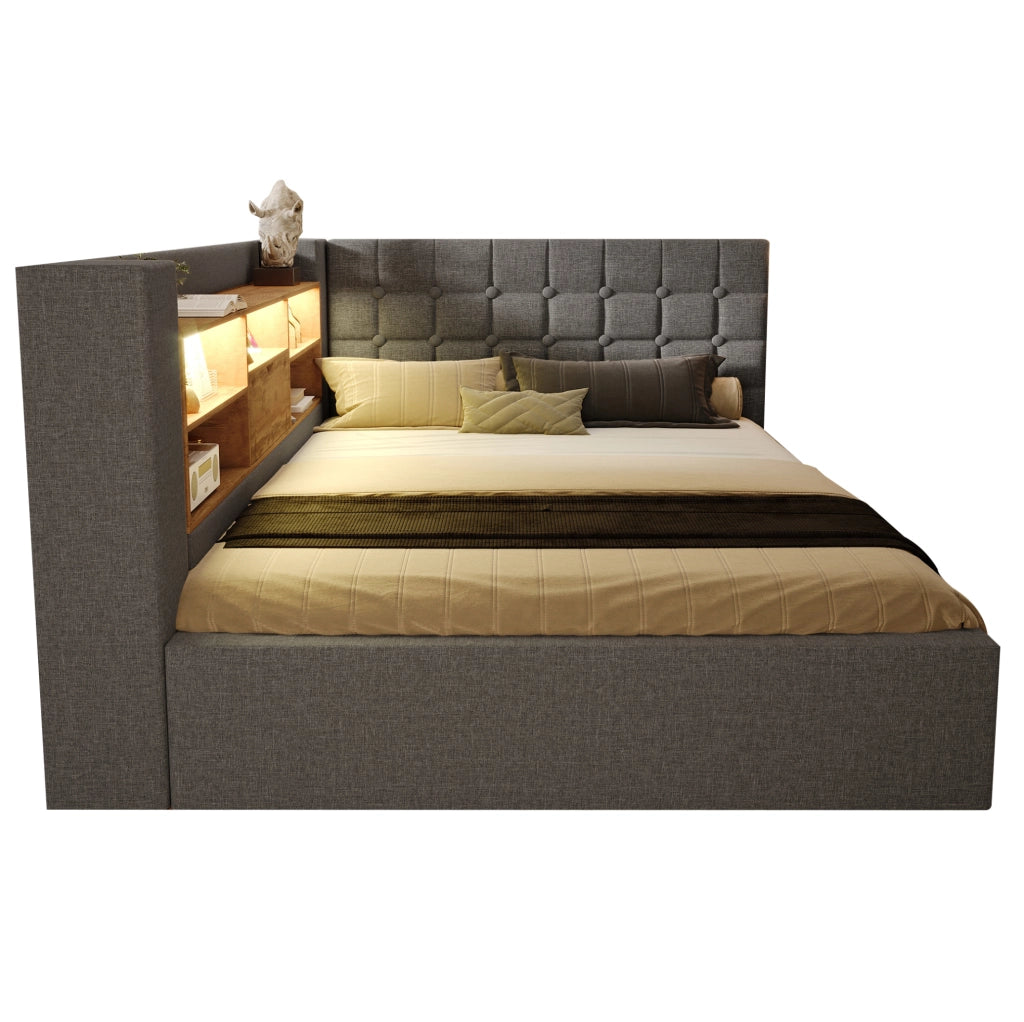 Letto imbottito 140x190 cm con LED, contenitore idraulico e testiera L reversibile