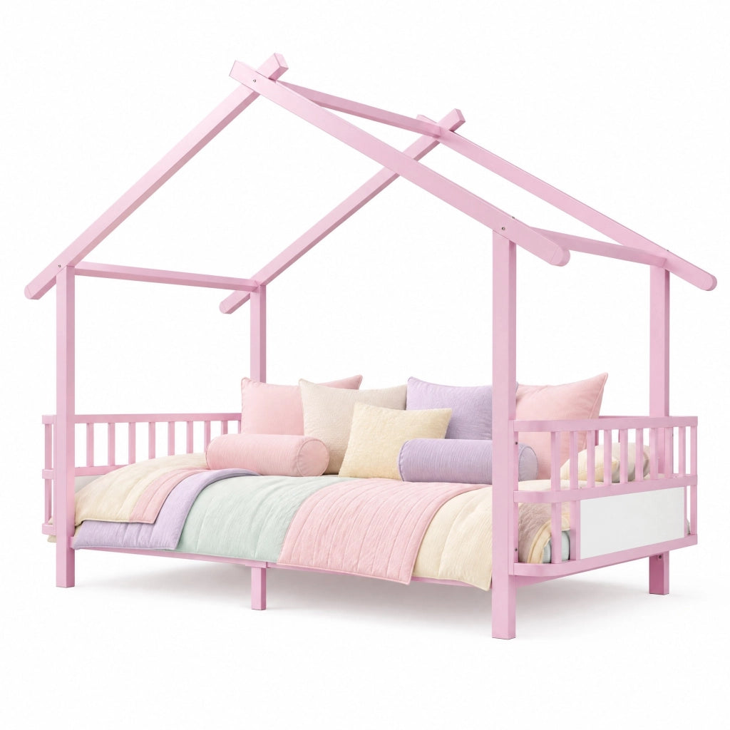 Letto casetta 90×200 cm; letto per bambini con barriera di sicurezza; struttura a tetto; senza materasso; metallo rosa