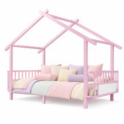 Letto casetta 90×200 cm; letto per bambini con barriera di sicurezza; struttura a tetto; senza materasso; metallo rosa