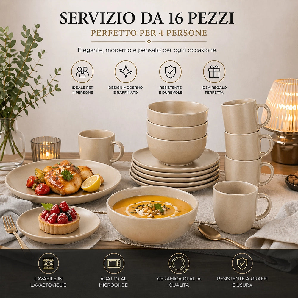 Servizio Piatti da 16 Pezzi Sabbia per 4 Persone in Gres Smaltato Design Moderno