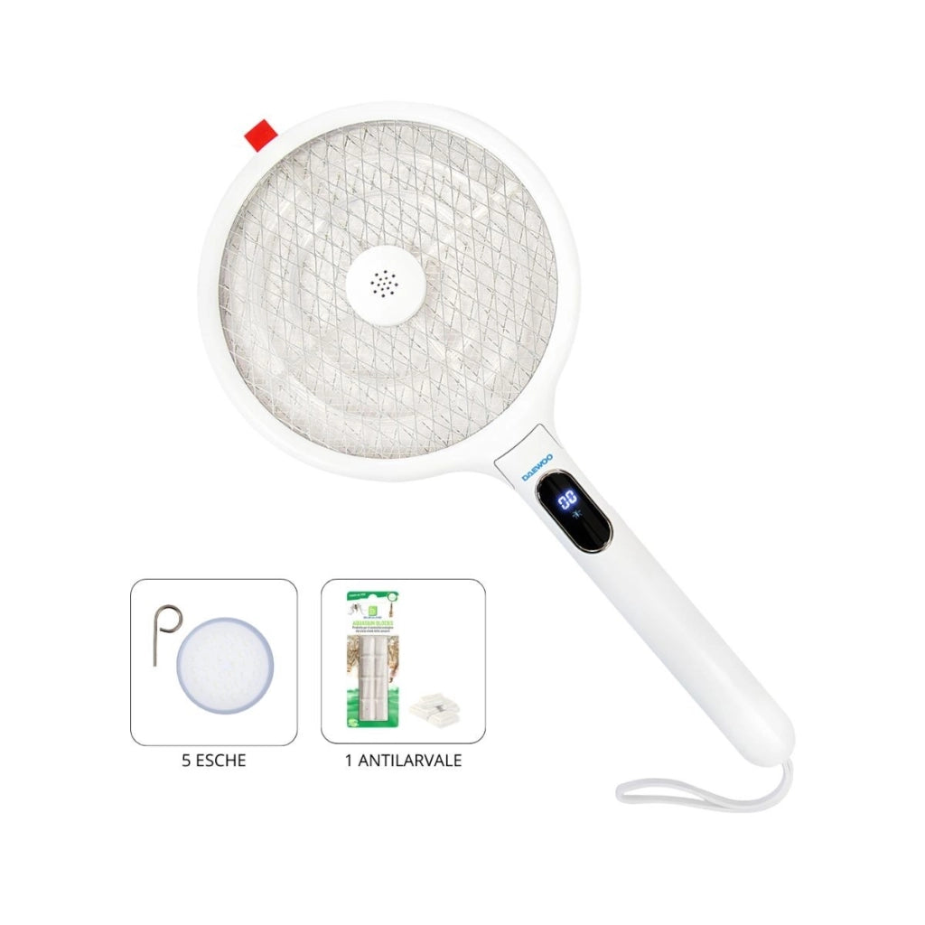 Kit Daewoo Racchetta Bianca Antizanzare Elettrica USB + Aquatain Block + 5 Esche