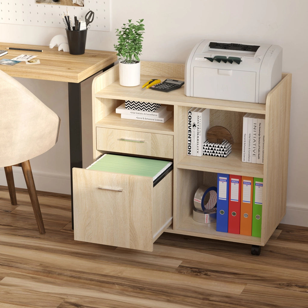 EasyComfort Mobile Porta Stampante, Mobile Ufficio, Mobiletto Basso, Mobile Multiuso con 4 Ruote, Rovere, 80x40x72cm