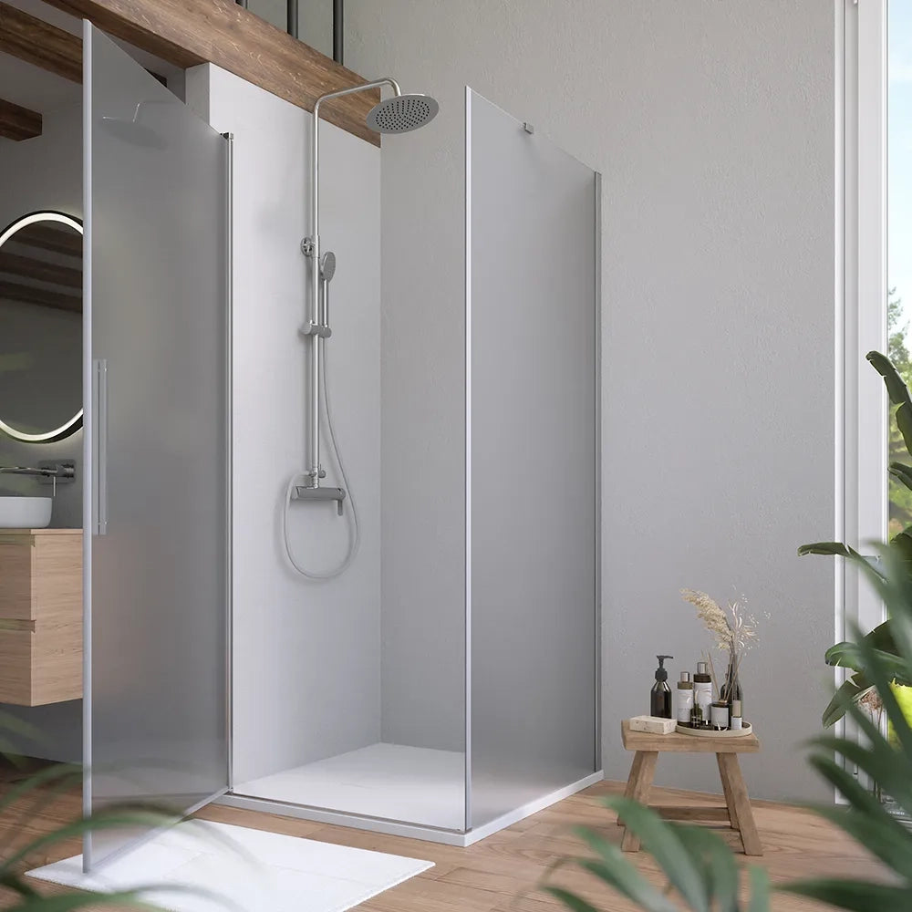 Box doccia 80x90cm con apertura a battente e parete fissa, profili cromati e vetro da 6mm opaco h195 | Elba