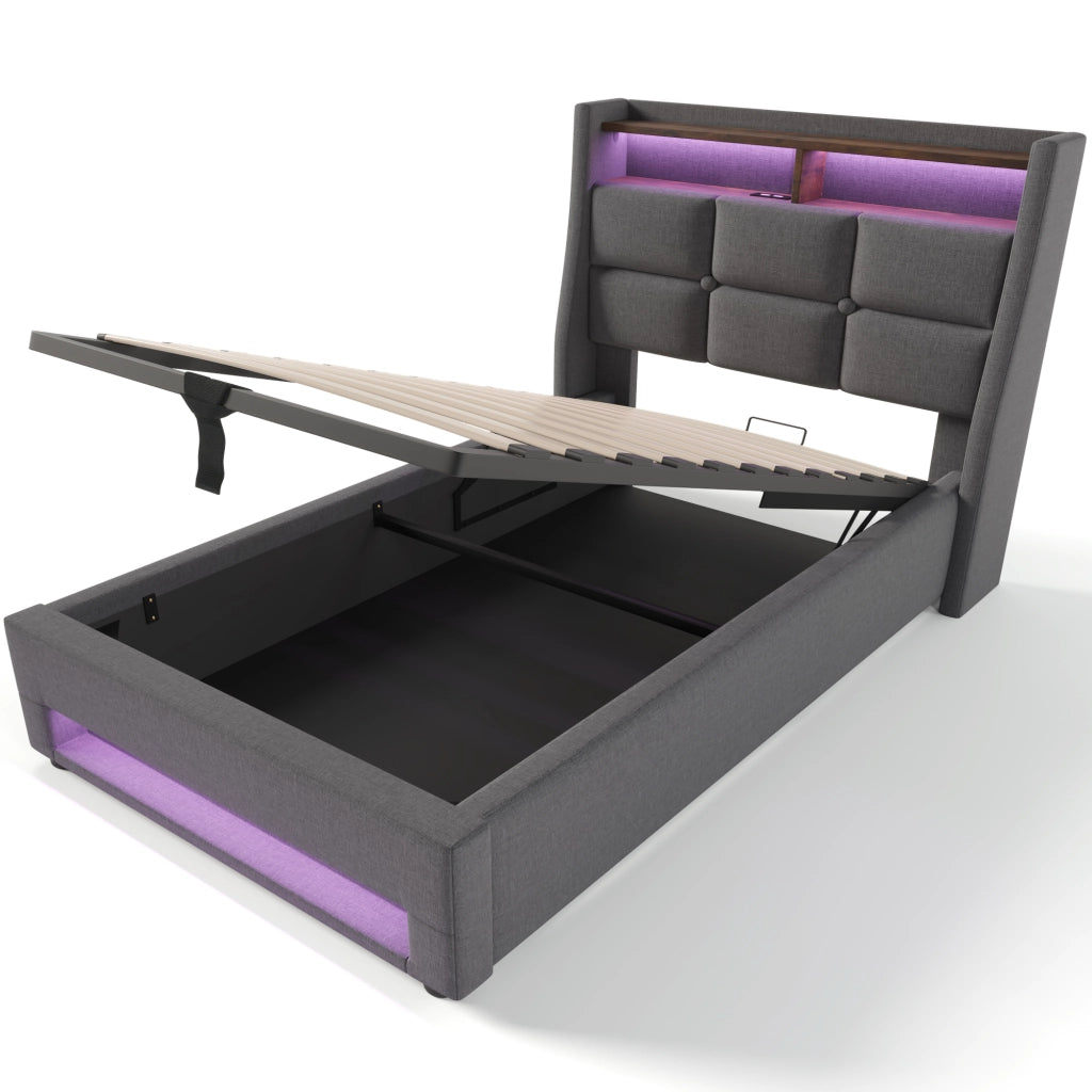 OKWISH Letto Singolo 90×200 cm con Contenitore, USB, LED Regolabile e Mensola, senza Materasso, in Lino, Grigio