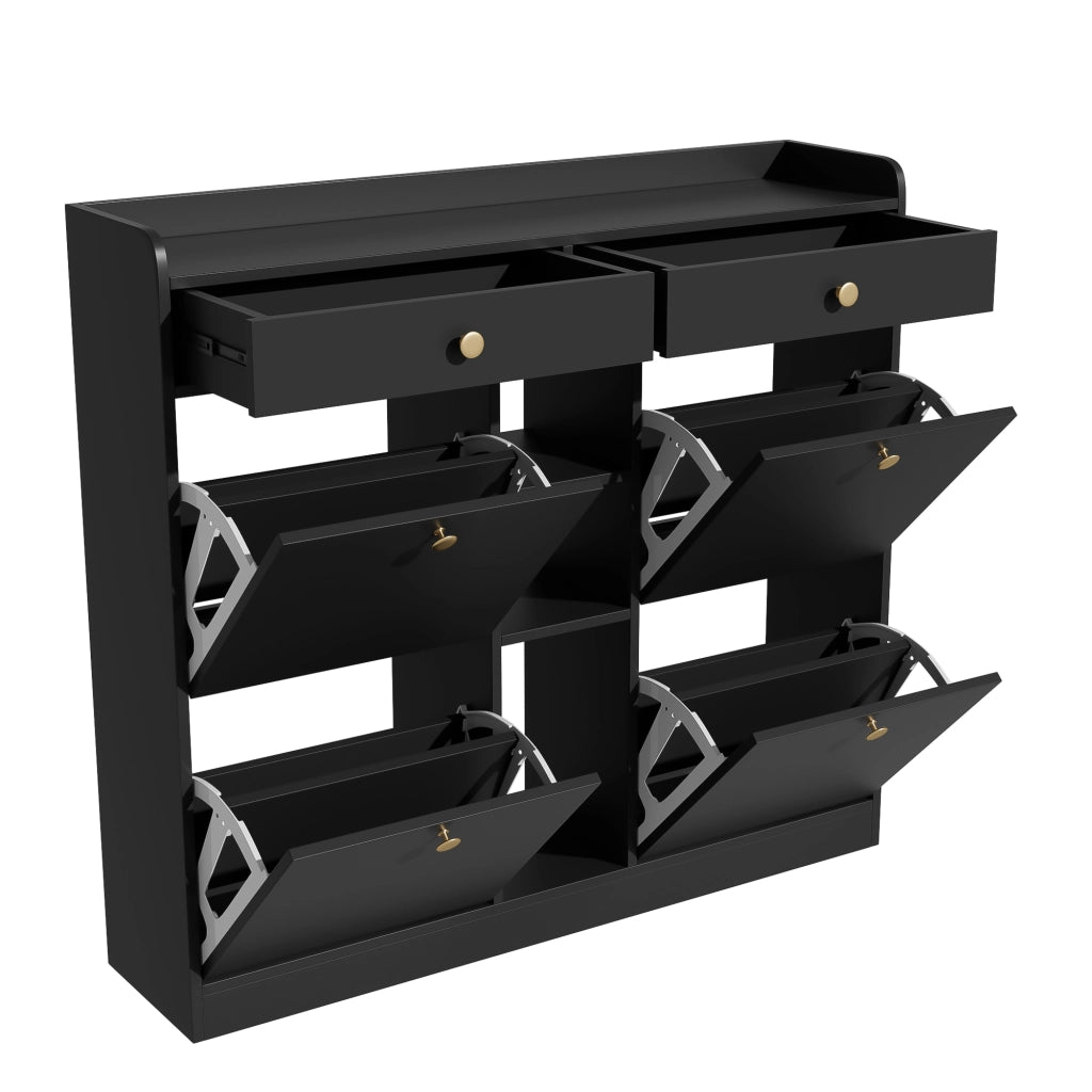 Scarpiera Nera 110×26×100 cm con 4 Ante a Ribalta; 2 Cassetti e 3 Vani Aperti; Mobile Porta Scarpe Salvaspazio