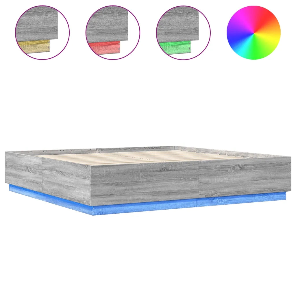 Letto matrimoniale | Letto per adulti | Giroletto Luci LED Grigio Sonoma 200x200 cm Legno Multistrato