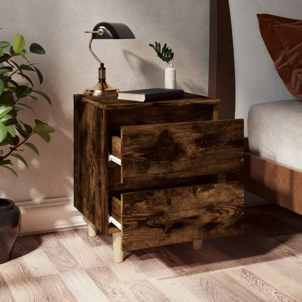 Comodino con Gambe in Legno Massello Rovere Fumo 40x35x50 cm 813122
