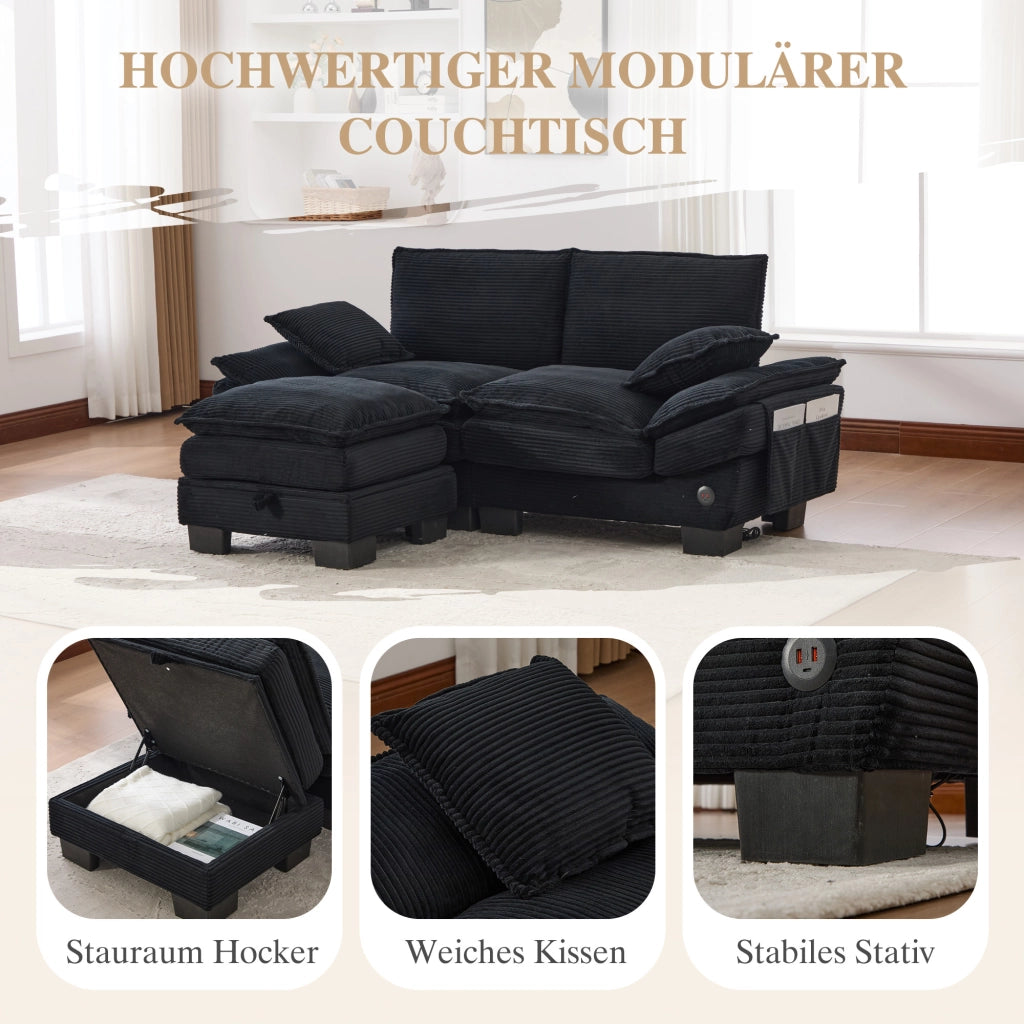 Divano modulare 2 posti - con pouf; USB-C e tasche laterali - in corduroy nero