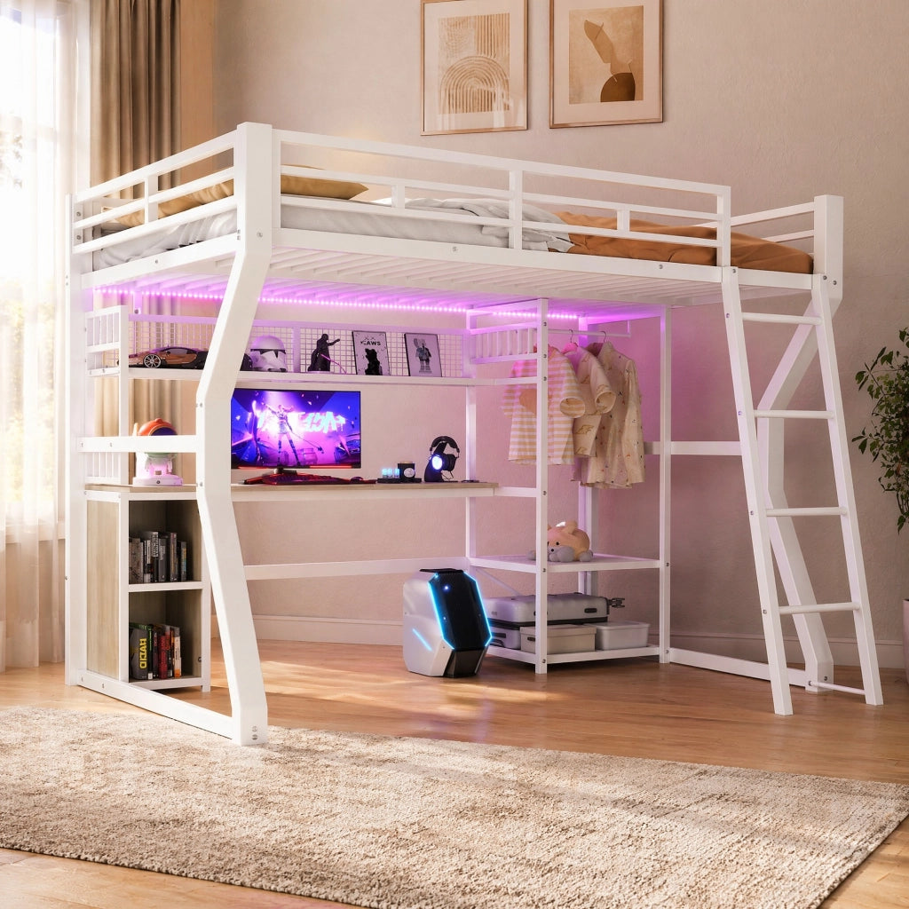 DESMIU Letto a soppalco 140 × 200 cm 1 posto con scrivania, LED, presa e vani, senza materasso, bianco