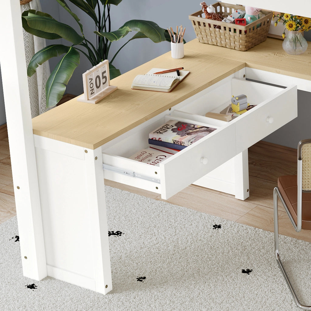 DESMIU Letto a soppalco per bambini 140 × 200 cm 1 posto con scrivania a U, 2 cassetti, ripiano, senza materasso, bianco e naturale