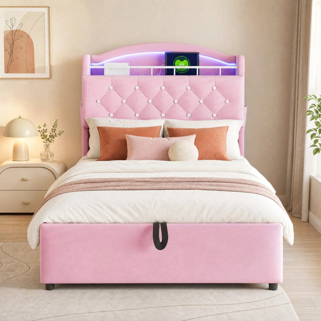LETTO Imbottito per bambini 90x200 cm Rosa con LED e porte USB