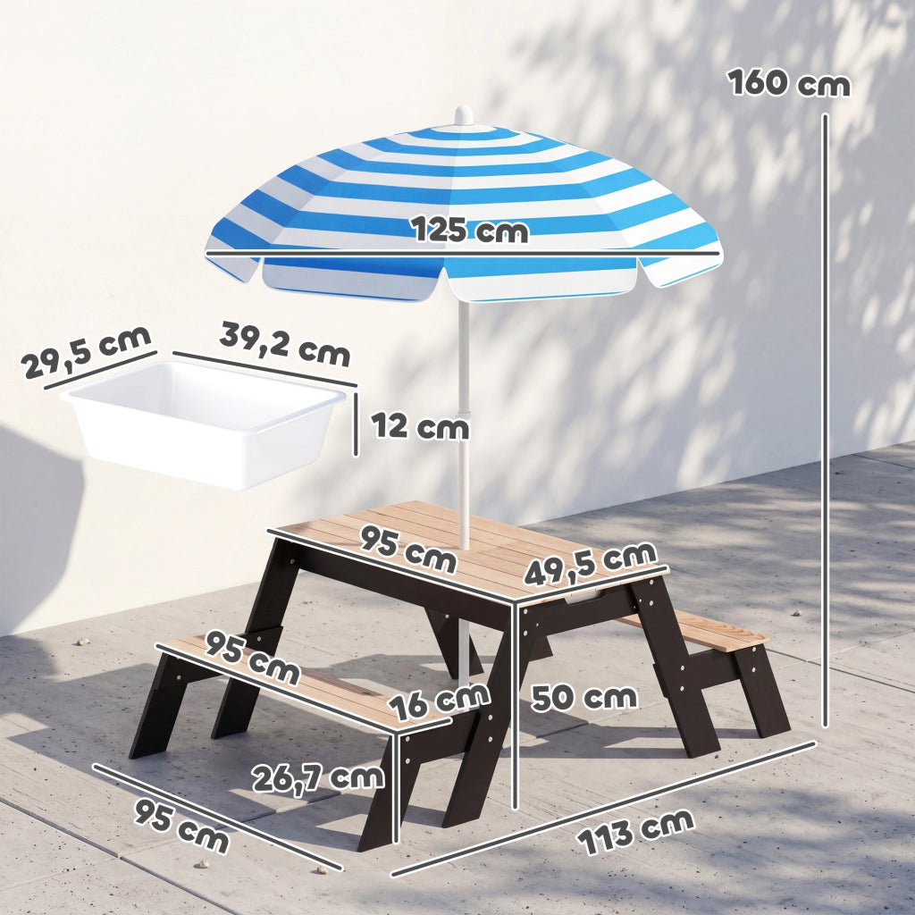 Tavolo da pranzo per bambini con sedie e ombrellone ¨C Minimal ¨C Legno naturale 90x90x50