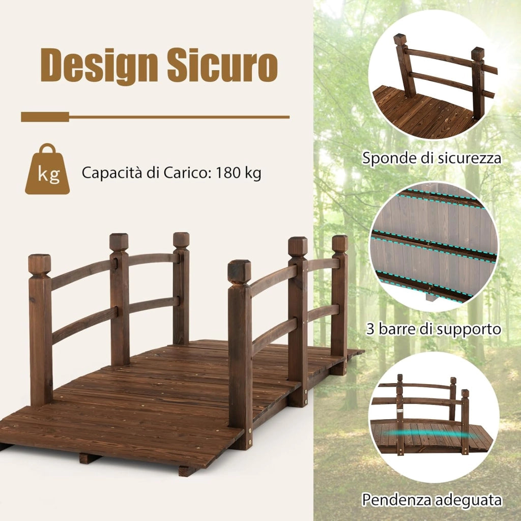 Ponte da Giardino in Legno di Abete 170 cm, Ponticello Decorativo con Ringhiere di Sicurezza, per Giardino Cortile e Fattoria, 171x76,5x58,5cm, Portata 180 kg