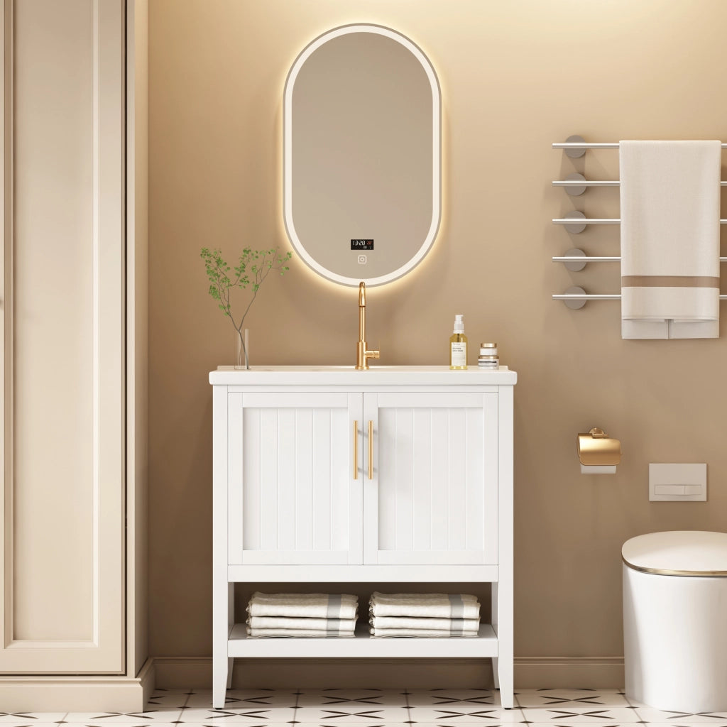 LAVABO DA BAGNO con mobiletto, ceramica bianca e MDF, Set 2 pezzi