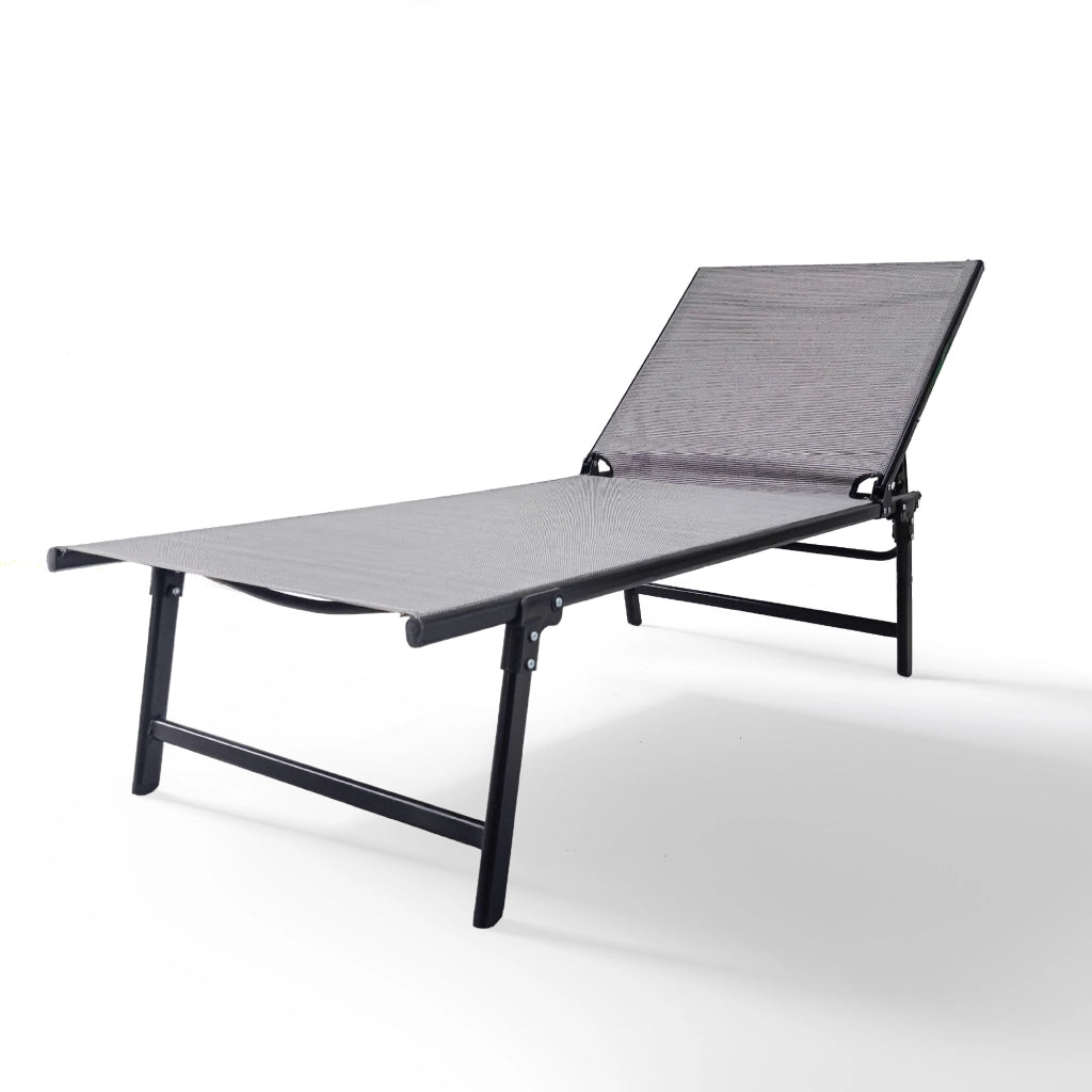 Lettino Prendisole Pieghevole Professionale in Acciaio e Textilene 182x63 cm – Schienale Regolabile 5 Posizioni, Struttura Robusta, Ideale per Giardino, Piscina e Relax Grigio