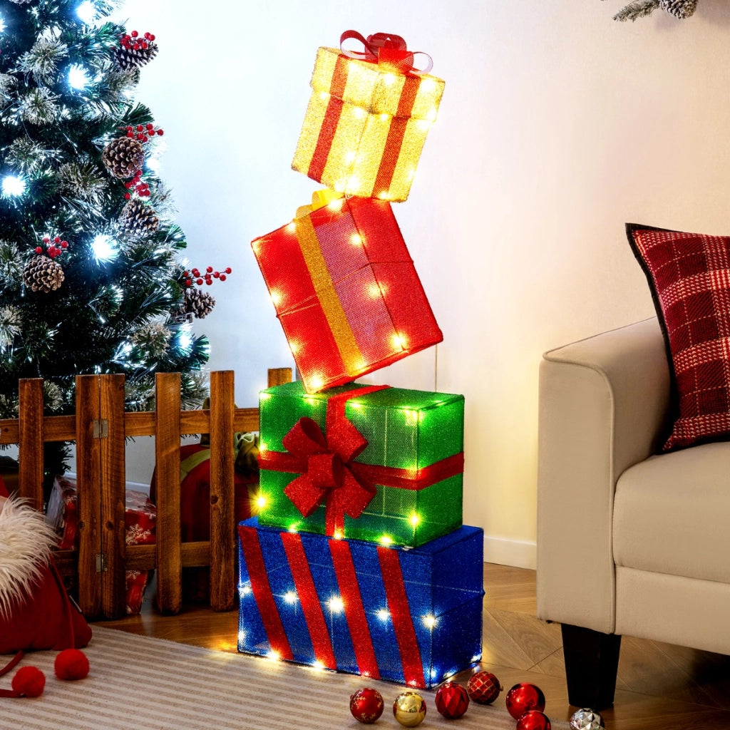 Pacchi regalo decorativi con 51 luci LED caldi fiocchi e combinazione flessibile, Set di 4 scatole regalo a LED di natale-Decorazioni natalizie