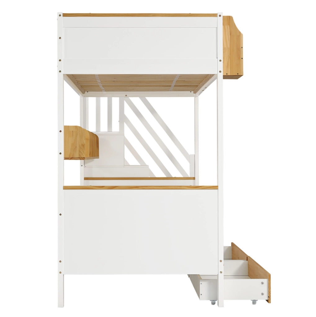 Letto a castello 90x200 cm con scala contenitore, 2 cassetti e ripiani