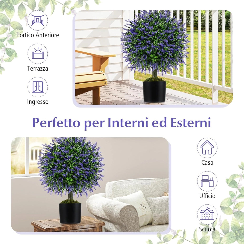 Set di 2 Alberi di Topiario Artificiale con Lavanda, Albero di Bosso Finto da 58 cm con Vaso Riempito di Cemento, Pianta Finta Resistente al Sole per Interni ed Esterni