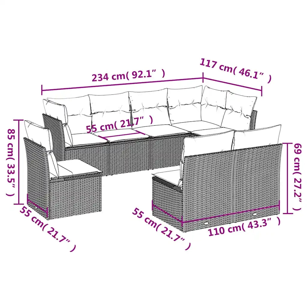 Set Divani da Giardino con Cuscini 8 pz Nero in Polyrattan