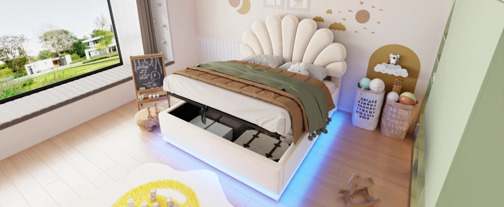 DESMIU Letto contenitore 140 × 200 cm 2 posti con vano idraulico e LED, senza materasso, in velluto, beige