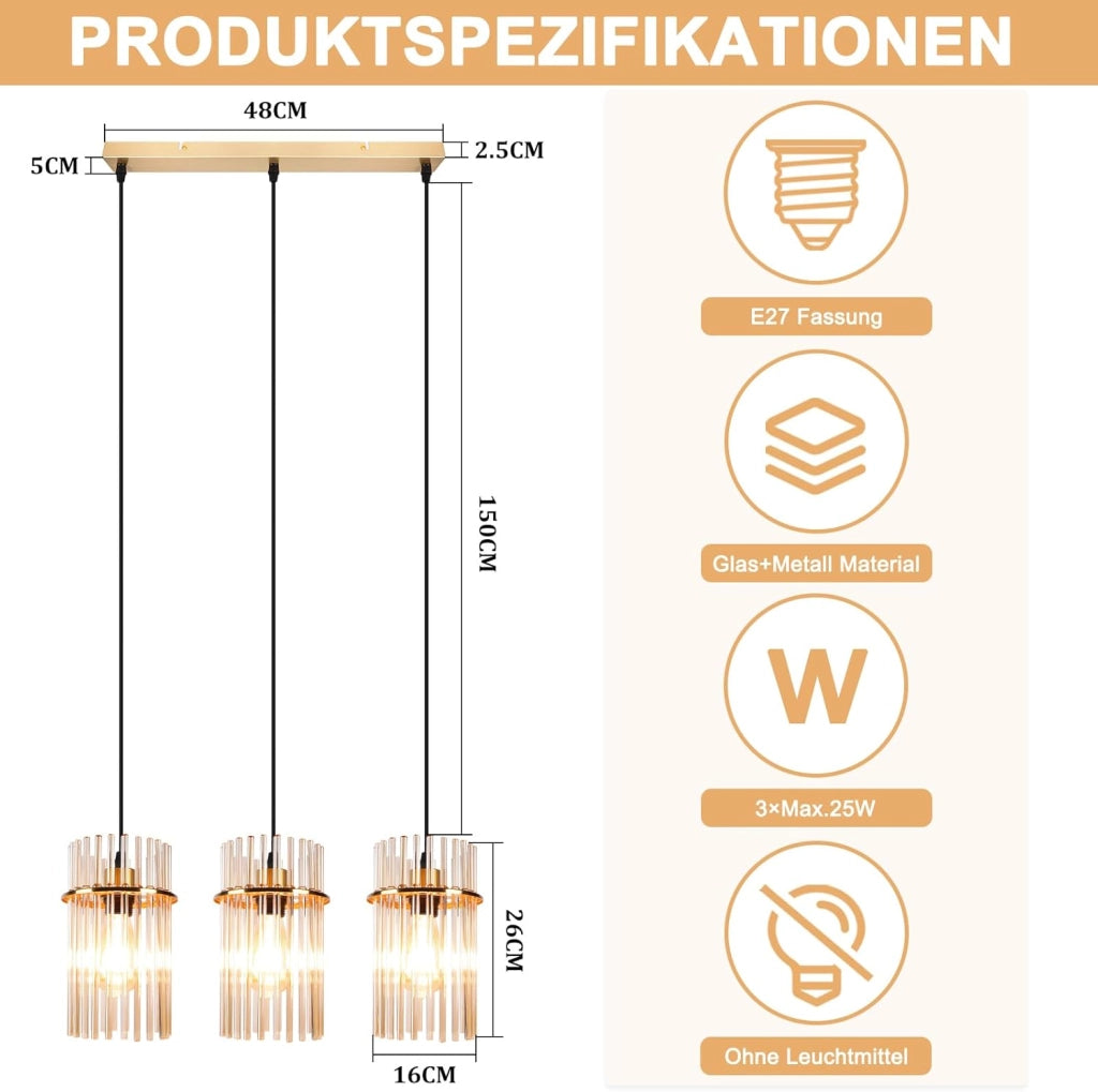 Lampada a sospensione ZMH 3 fiamme E27 in vetro dorato ? 16 cm per bar-caff¨¨ (senza lampadina)
