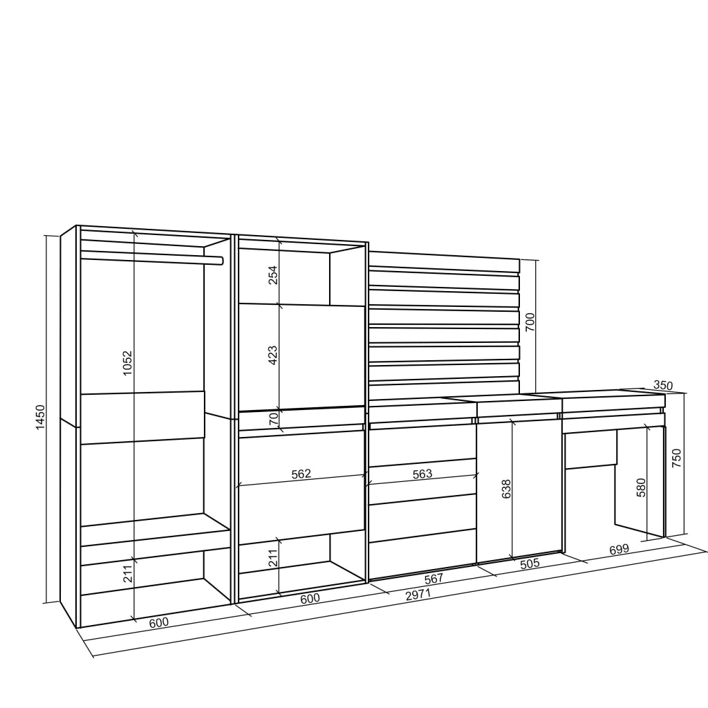 Scarpiera, 297x35x145cm, Camera da letto, Armadio Aperto, Cassettiera, Pannelli Decorativi, Tavolo da toeletta, colore Rovere RF3542