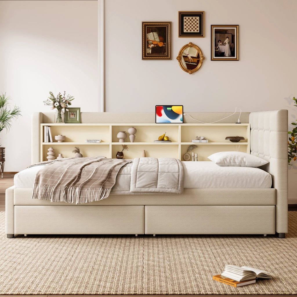 Letto a giorno con 2 cassetti; porta USB e Tipo-C; ripiani e doghe; lino beige; 90x200 cm; senza materasso
