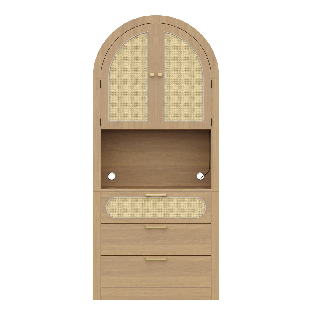 Mobile da cucina, mobile da ingresso, vetrina ad arco, luci a LED, ante in vimini, 3 cassetti, 80 x 35 x 180 cm, color rovere