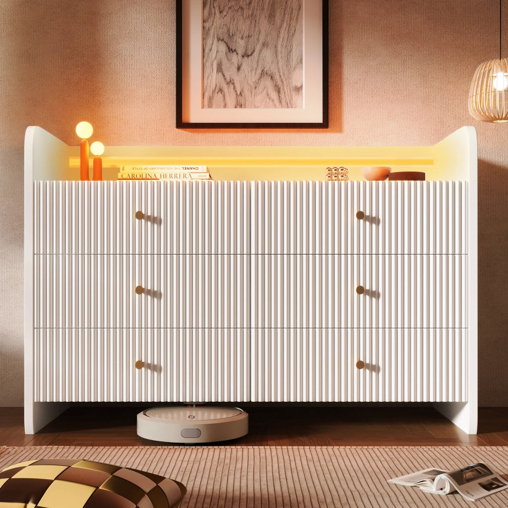 CREDENZA con LED, 120x40x75 cm, bianco, 6 cassetti
