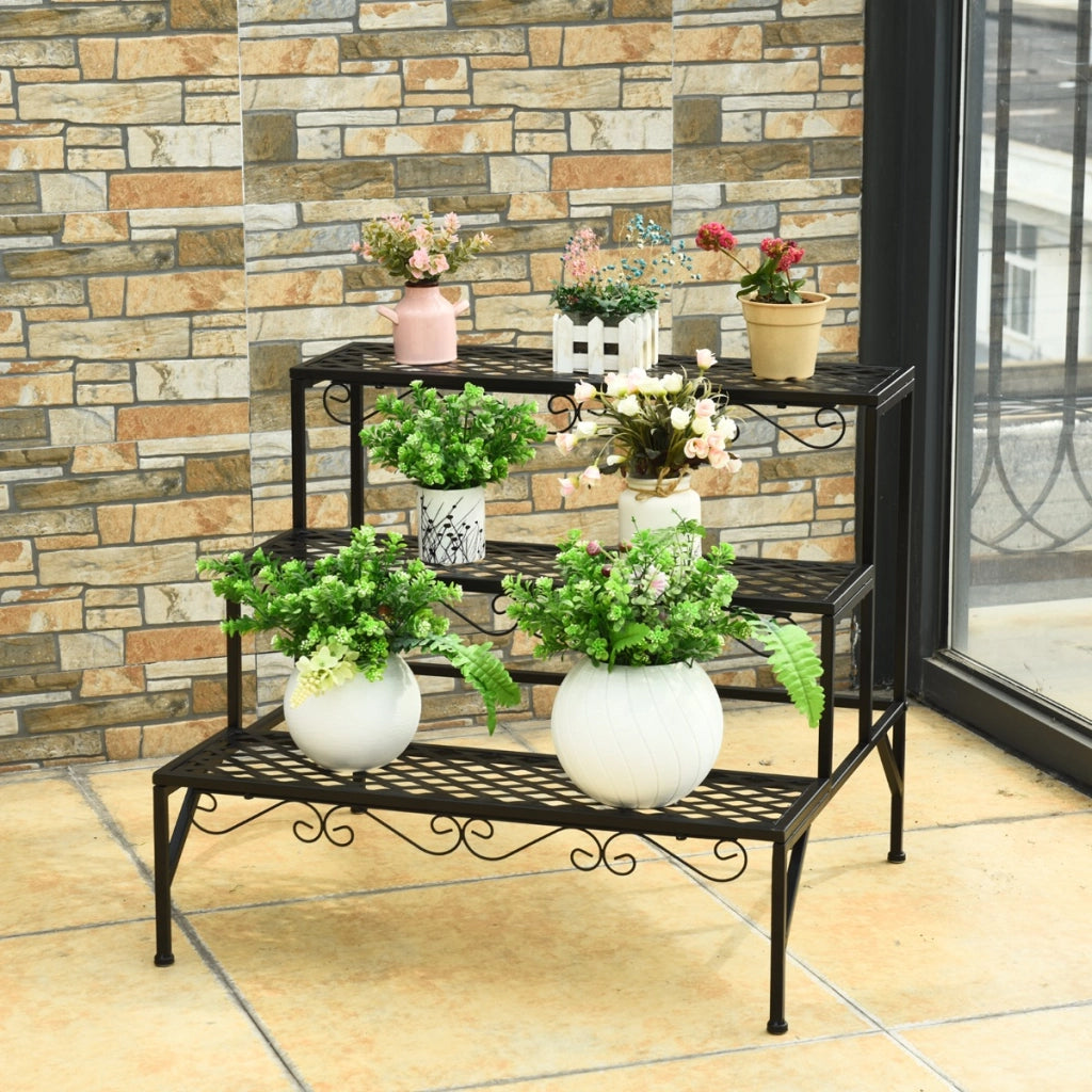 Scaffale espositivo di metallo con 3 livelli per piante per interno ed esterno-Organizer per fiori e piante Nero