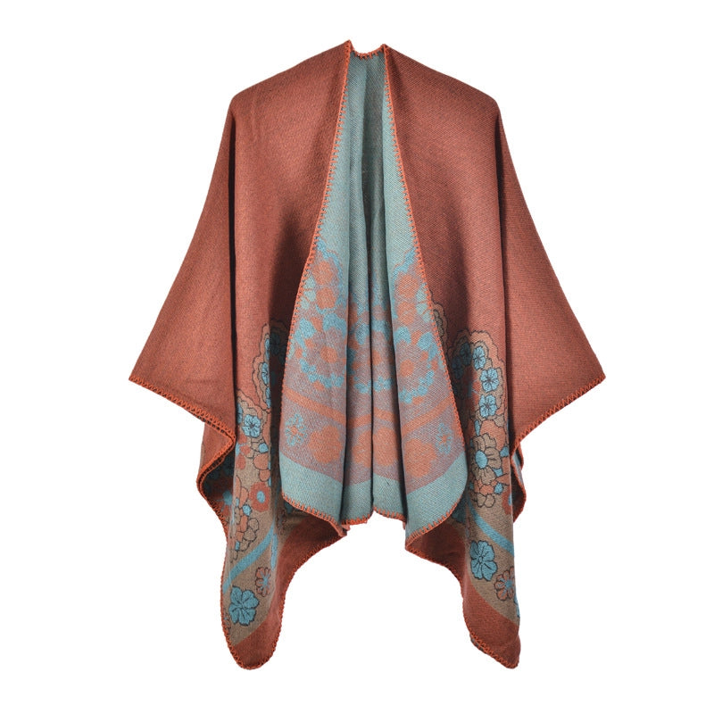 Sciarpa calda da donna, stile pastorale, mantella da viaggio fresca ed elegante, mantella in maglia jacquard di cashmere con spacchi