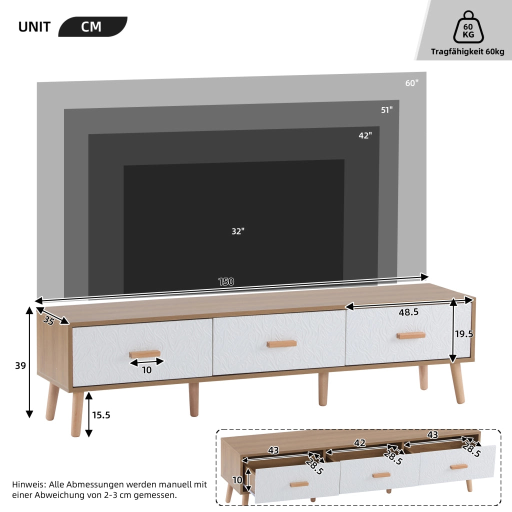 Mobile TV vintage con 3 cassetti e vano con ante testurizzate per soggiorno; in truciolare bianco e legno; 150×35×39 cm